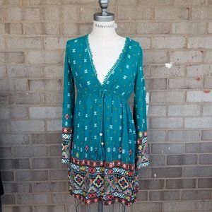 Bohemian colorful short print dress- Size Xsmall gypsy boho blue